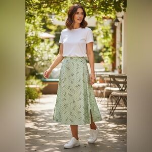 Vtg Bentley Plus 18 Floral Polka Dot Midi Skirt Green Side Slits Cottagecore
